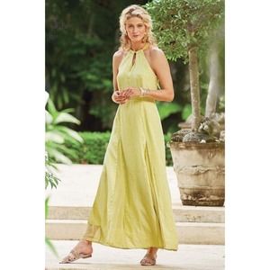 NWT SOFT SURROUNDINGS Dress 3X Soliloquy‎ Green 100% Linen Silk Maxi Halter $170